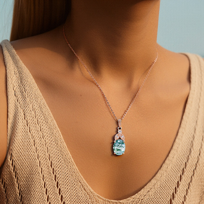 1.56CT Oval Cut Moss Agate & Round Cut Moissanite S925 Silver Pendant Necklace