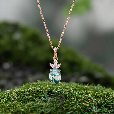 1.62CT Oval Cut Moss Agate & Marquise Cut Moissanite S925 Silver Pendant Necklace