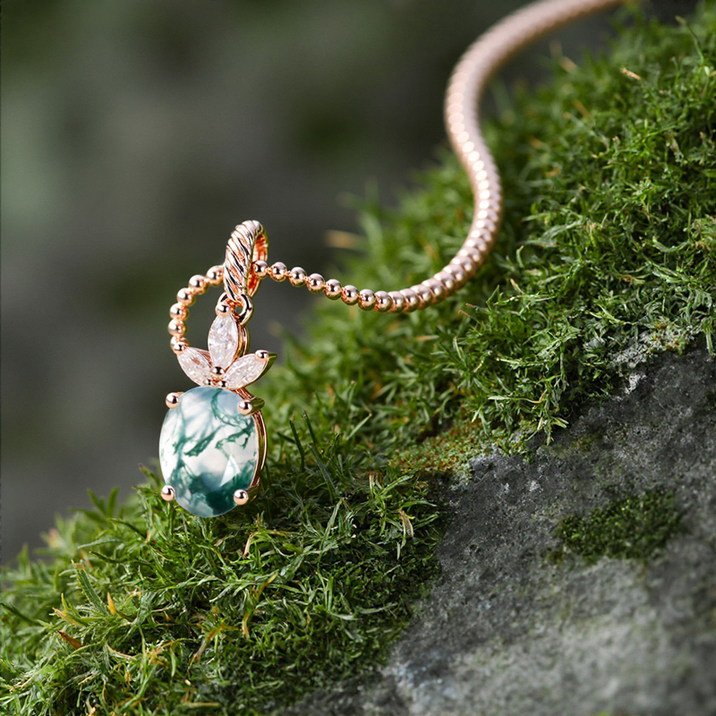 1.62CT Oval Cut Moss Agate & Marquise Cut Moissanite S925 Silver Pendant Necklace