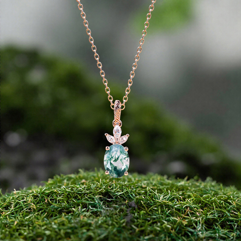 1.62CT Oval Cut Moss Agate & Marquise Cut Moissanite S925 Silver Pendant Necklace 1.62CT Oval Cut Moss Agate & Marquise Cut Moissanite S925 Silver Pendant Necklace