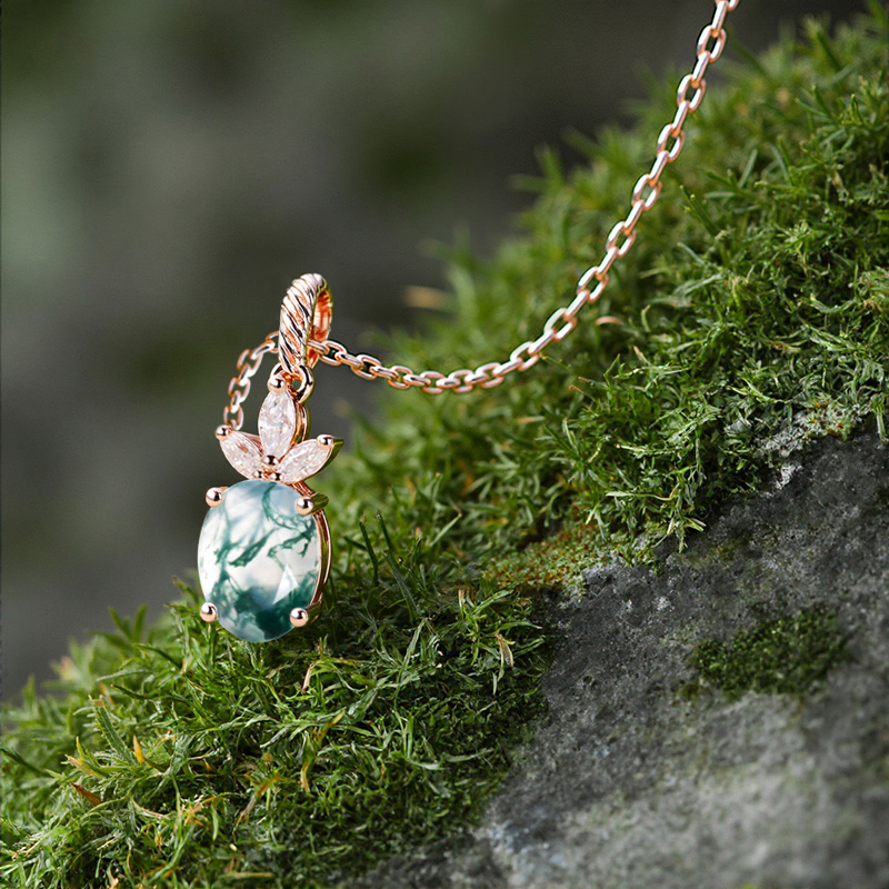1.62CT Oval Cut Moss Agate & Marquise Cut Moissanite S925 Silver Pendant Necklace 1.62CT Oval Cut Moss Agate & Marquise Cut Moissanite S925 Silver Pendant Necklace