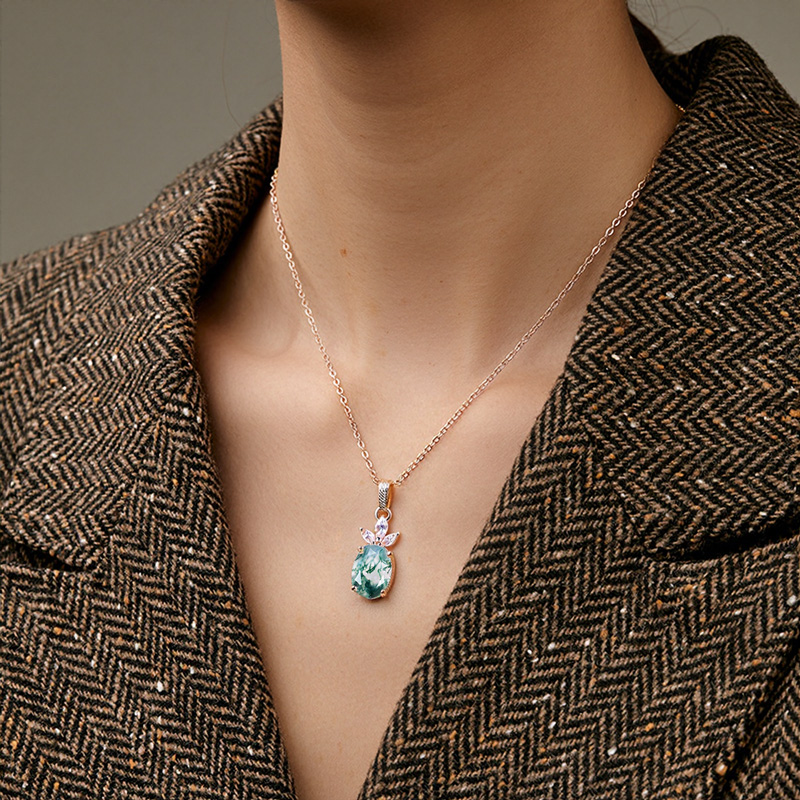 1.62CT Oval Cut Moss Agate & Marquise Cut Moissanite S925 Silver Pendant Necklace 1.62CT Oval Cut Moss Agate & Marquise Cut Moissanite S925 Silver Pendant Necklace