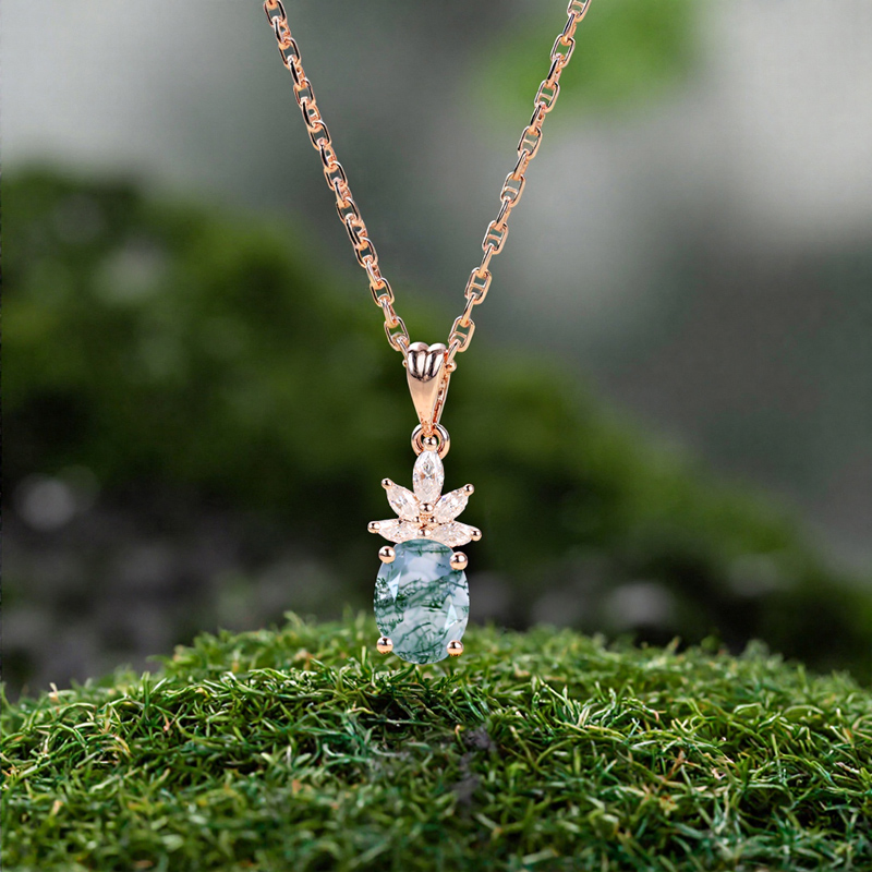 1.68CT Oval Cut Moss Agate & Marquise Cut Moissanite S925 Silver Pendant Necklace