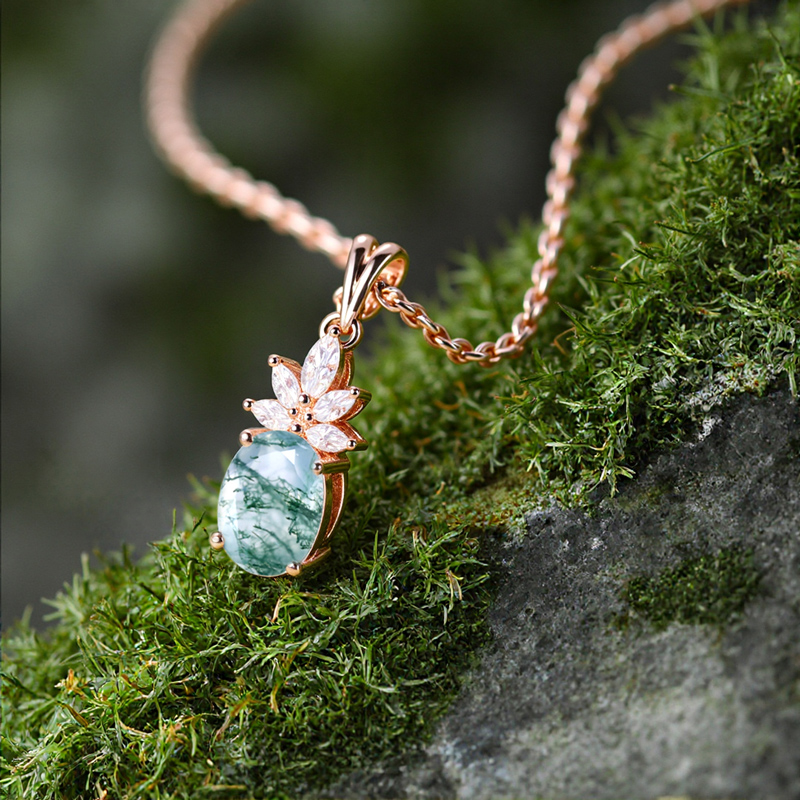 1.68CT Oval Cut Moss Agate & Marquise Cut Moissanite S925 Silver Pendant Necklace
