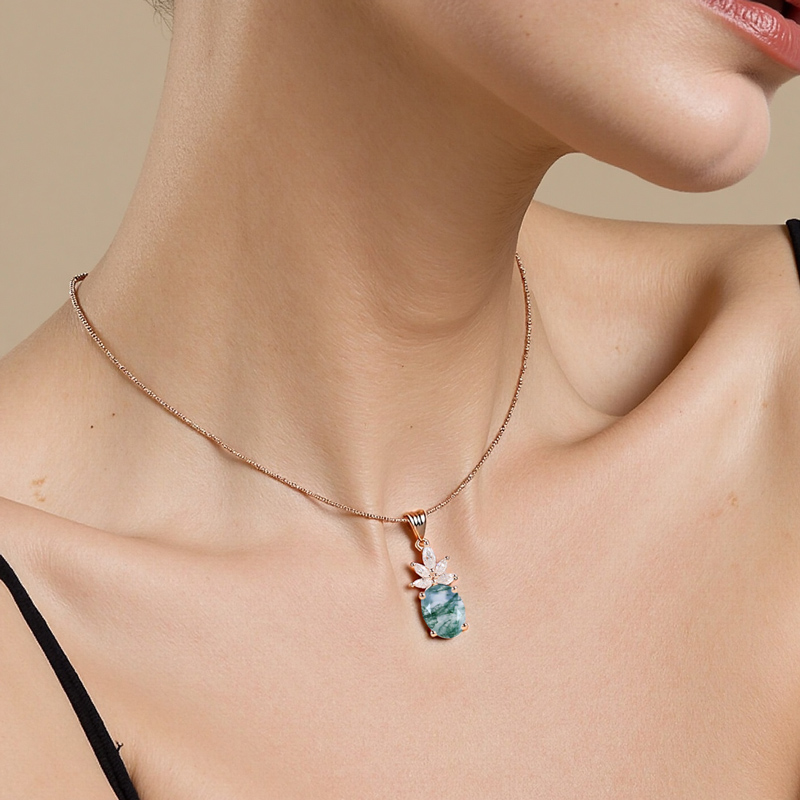 1.68CT Oval Cut Moss Agate & Marquise Cut Moissanite S925 Silver Pendant Necklace