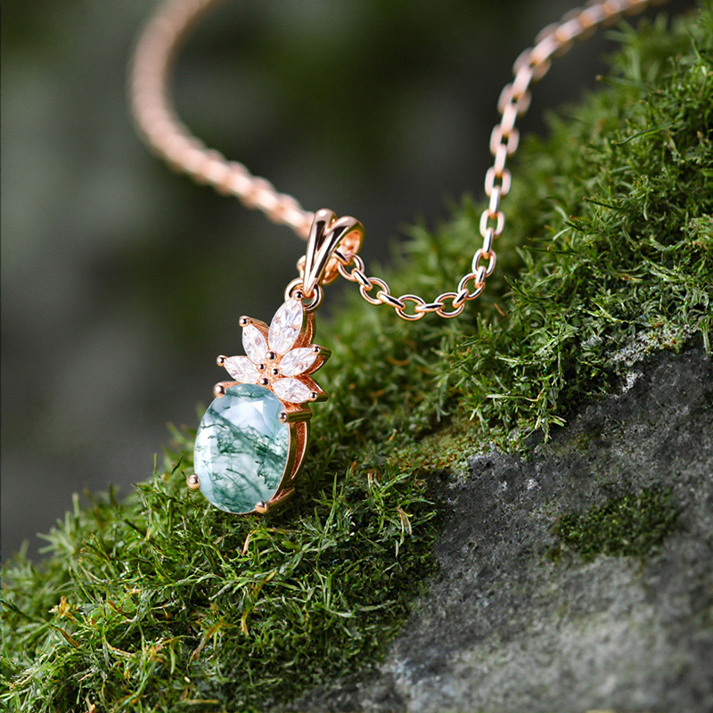 1.68CT Oval Cut Moss Agate & Marquise Cut Moissanite S925 Silver Pendant Necklace 1.68CT Oval Cut Moss Agate & Marquise Cut Moissanite S925 Silver Pendant Necklace