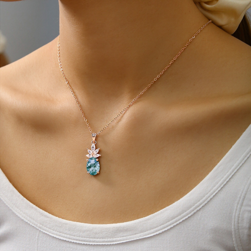 1.68CT Oval Cut Moss Agate & Marquise Cut Moissanite S925 Silver Pendant Necklace 1.68CT Oval Cut Moss Agate & Marquise Cut Moissanite S925 Silver Pendant Necklace