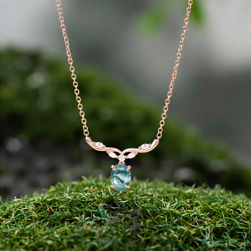 1.642CT Oval Cut Moss Agate & Marquise Cut Moissanite S925 Silver Pendant Necklace