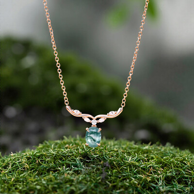 1.642CT Oval Cut Moss Agate & Marquise Cut Moissanite S925 Silver Pendant Necklace