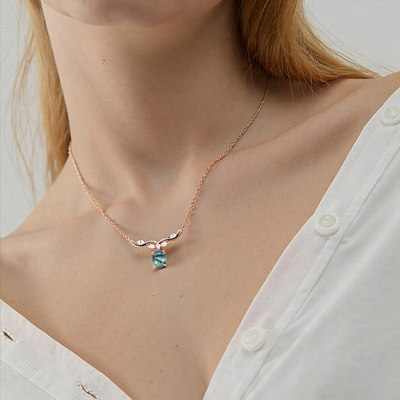 1.642CT Oval Cut Moss Agate & Marquise Cut Moissanite S925 Silver Pendant Necklace