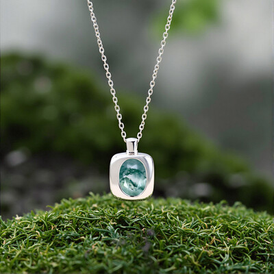 1.5CT Oval Cut Moss Agate S925 Silver Bezel Solid Frame Pendant Necklace