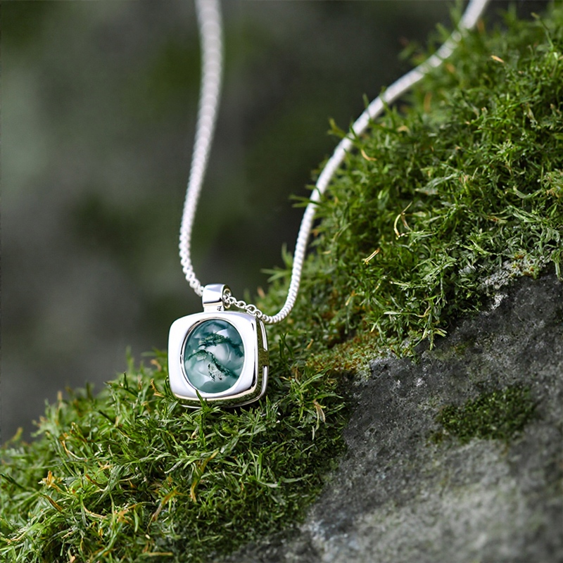 1.5CT Oval Cut Moss Agate S925 Silver Bezel Solid Frame Pendant Necklace