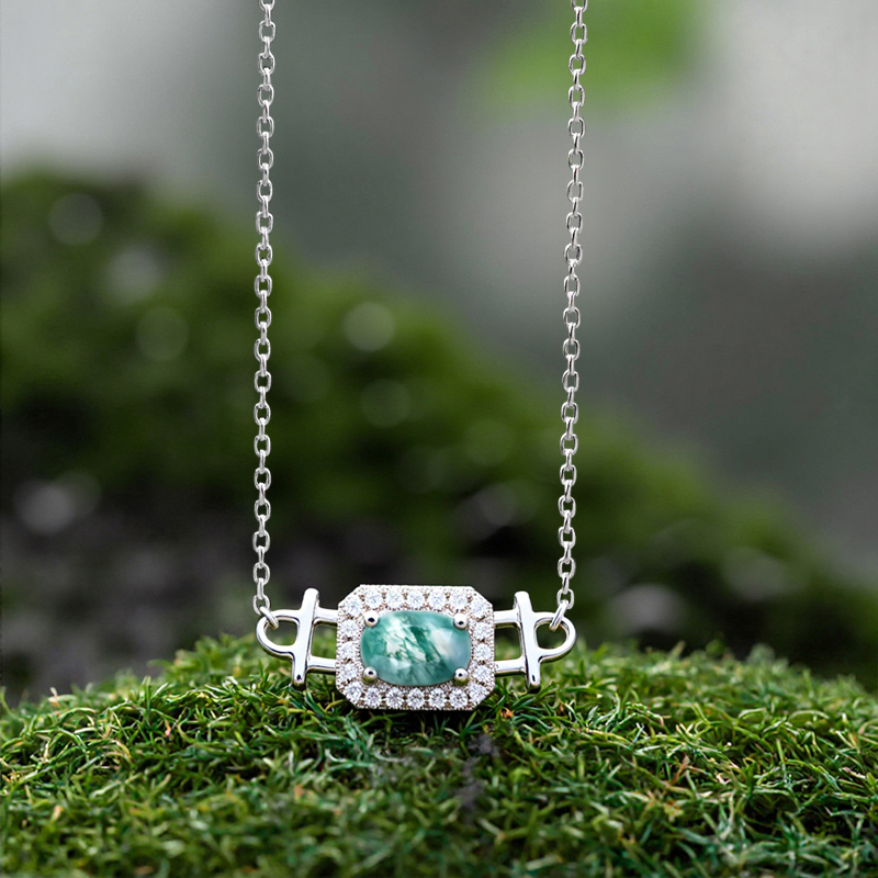 1.6CT Oval Cut Moss Agate & Round Cut Moissanite S925 Silver Dainty Halo Pendant Necklace