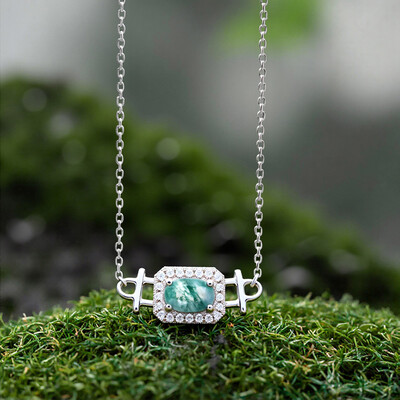 1.6CT Oval Cut Moss Agate & Round Cut Moissanite S925 Silver Dainty Halo Pendant Necklace