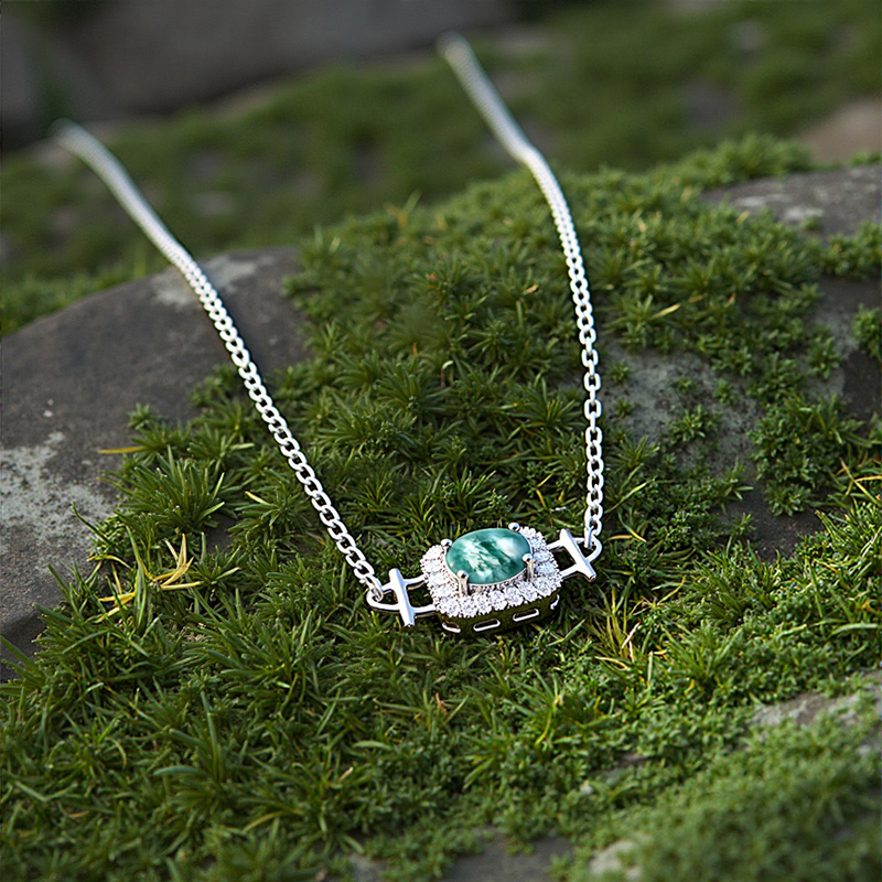 1.6CT Oval Cut Moss Agate & Round Cut Moissanite S925 Silver Dainty Halo Pendant Necklace