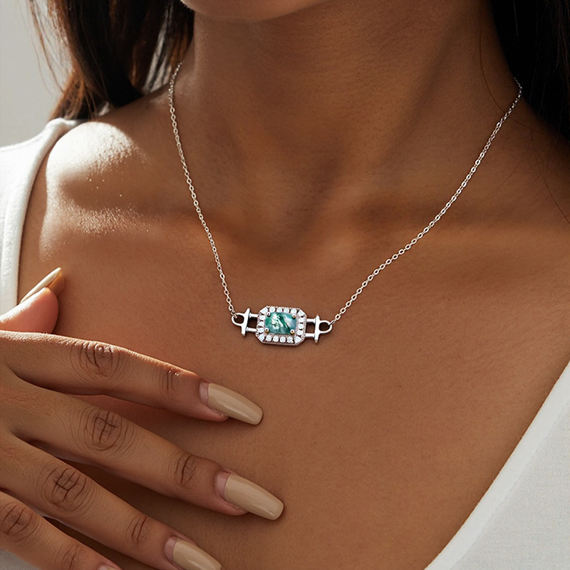 1.6CT Oval Cut Moss Agate & Round Cut Moissanite S925 Silver Dainty Halo Pendant Necklace