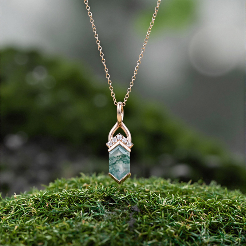 1.275CT Elongated Hexagon Cut Moss Agate Fishtail Diamond Accented S925 Silver Pendant Necklace