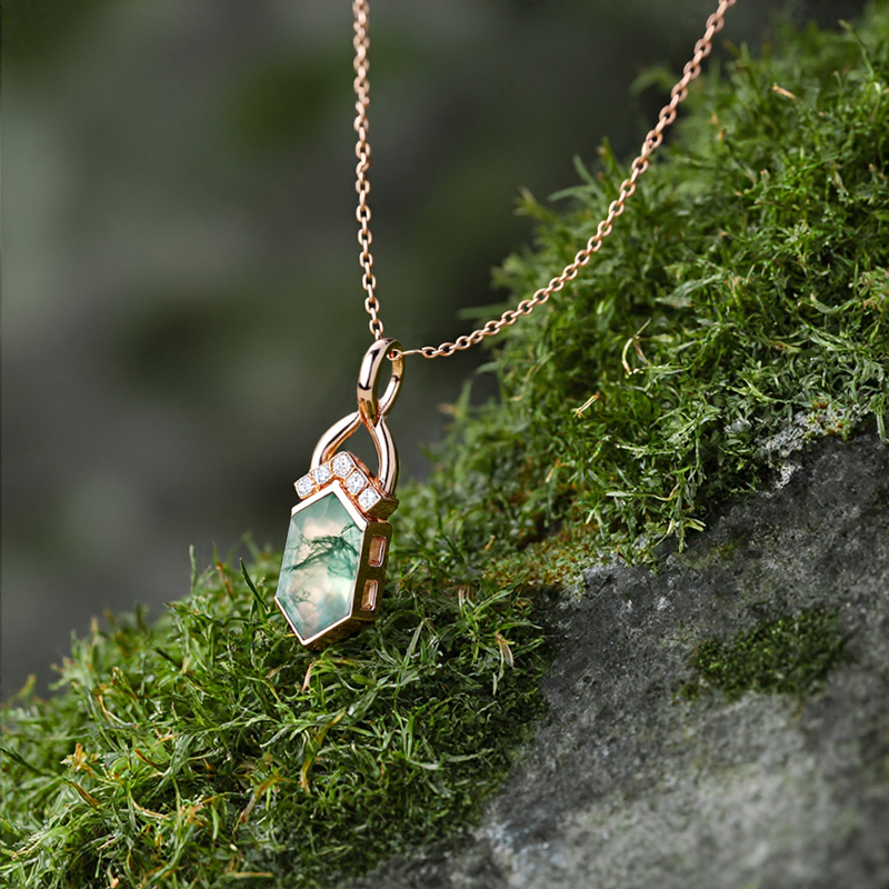 1.275CT Elongated Hexagon Cut Moss Agate Fishtail Diamond Accented S925 Silver Pendant Necklace