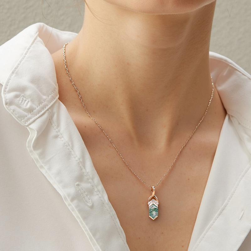 1.275CT Elongated Hexagon Cut Moss Agate Fishtail Diamond Accented S925 Silver Pendant Necklace
