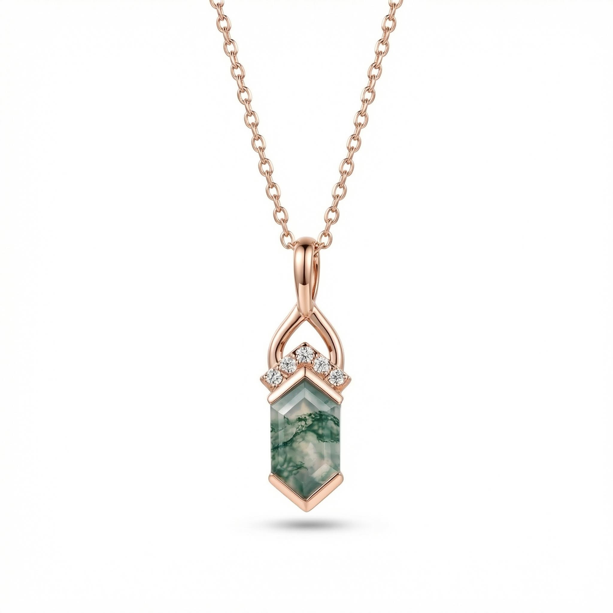 1.275CT Elongated Hexagon Cut Moss Agate Fishtail Diamond Accented S925 Silver Pendant Necklace