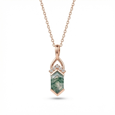 1.275CT Elongated Hexagon Cut Moss Agate Fishtail Diamond Accented S925 Silver Pendant Necklace