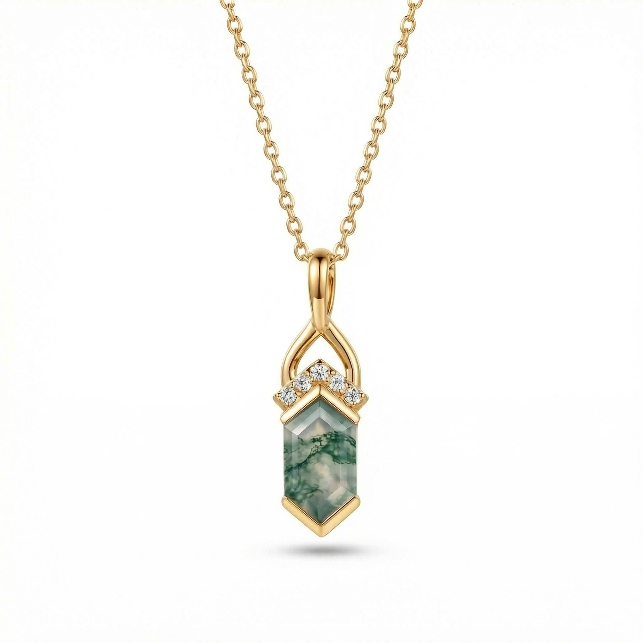 1.275CT Elongated Hexagon Cut Moss Agate Fishtail Diamond Accented S925 Silver Pendant Necklace
