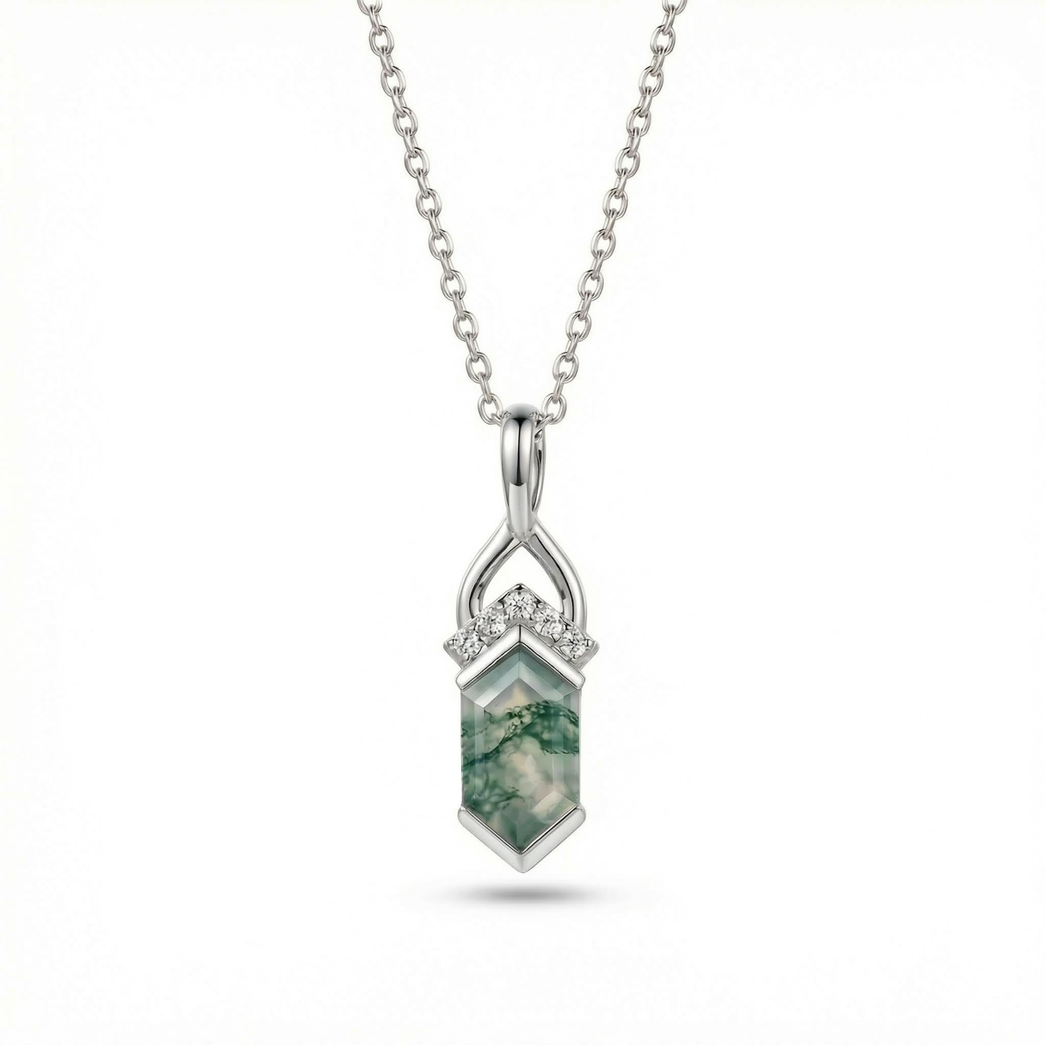 1.275CT Elongated Hexagon Cut Moss Agate Fishtail Diamond Accented S925 Silver Pendant Necklace
