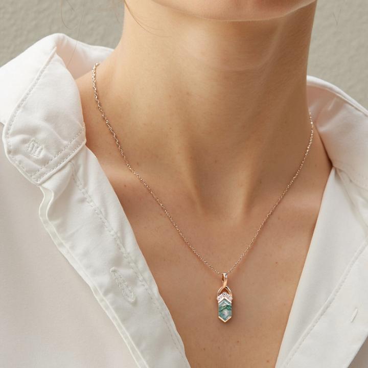 1.275CT Elongated Hexagon Cut Moss Agate Fishtail Diamond Accented S925 Silver Pendant Necklace