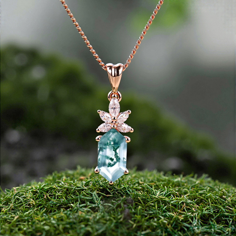 1.38CT Elongated Hexagon Cut Moss Agate & Marquise Cut Moissanite S925 Silver Pendant Necklace