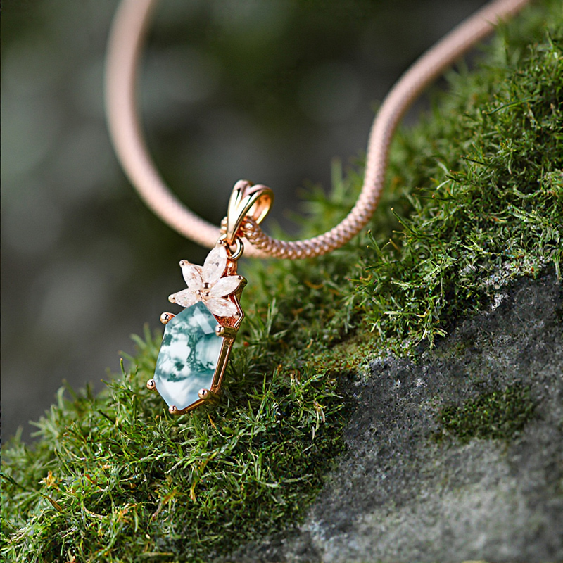 1.38CT Elongated Hexagon Cut Moss Agate & Marquise Cut Moissanite S925 Silver Pendant Necklace