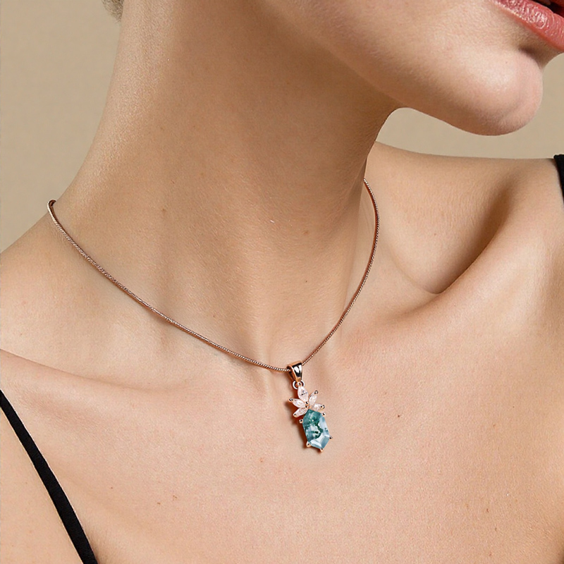 1.38CT Elongated Hexagon Cut Moss Agate & Marquise Cut Moissanite S925 Silver Pendant Necklace