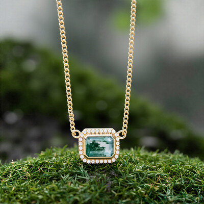 1.76CT Emerald Cut Moss Agate & Round Cut Moissanite S925 Silver Halo Pendant Necklace
