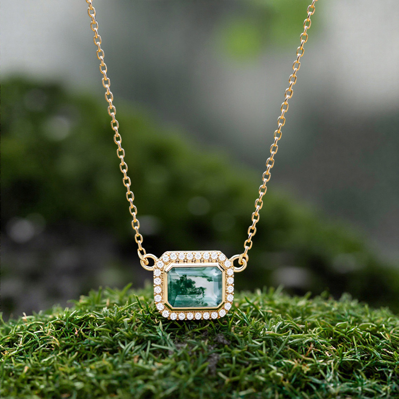 1.76CT Emerald Cut Moss Agate & Round Cut Moissanite S925 Silver Halo Pendant Necklace