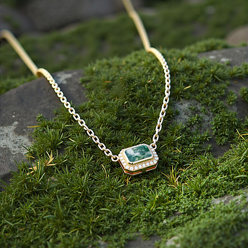 1.76CT Emerald Cut Moss Agate & Round Cut Moissanite S925 Silver Halo Pendant Necklace