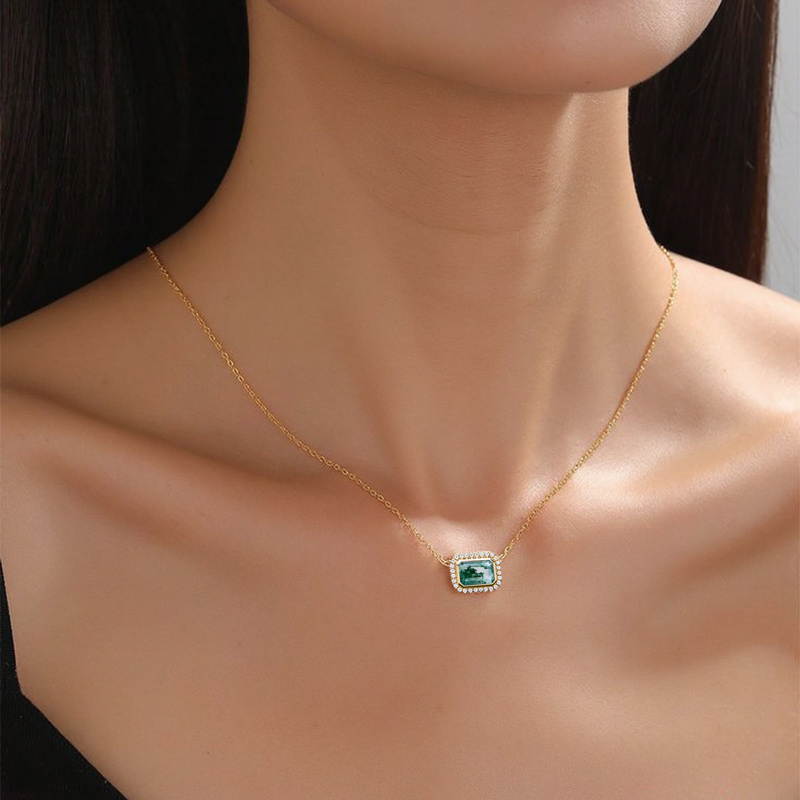 1.76CT Emerald Cut Moss Agate & Round Cut Moissanite S925 Silver Halo Pendant Necklace