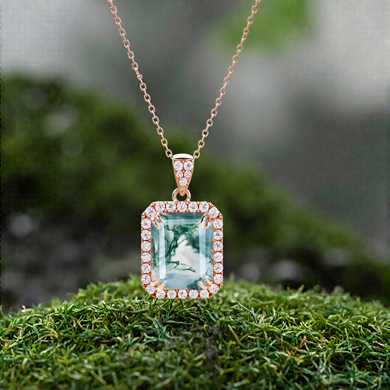 1.81CT Emerald Cut Moss Agate & Round Cut Moissanite S925 Silver Double Claw Setting Halo Pendant Necklace