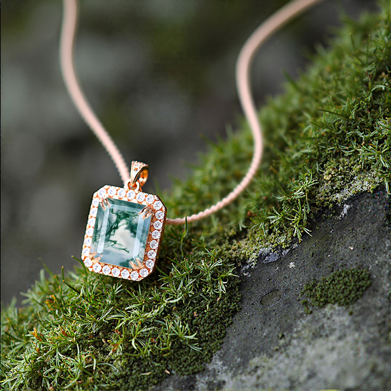1.81CT Emerald Cut Moss Agate & Round Cut Moissanite S925 Silver Double Claw Setting Halo Pendant Necklace