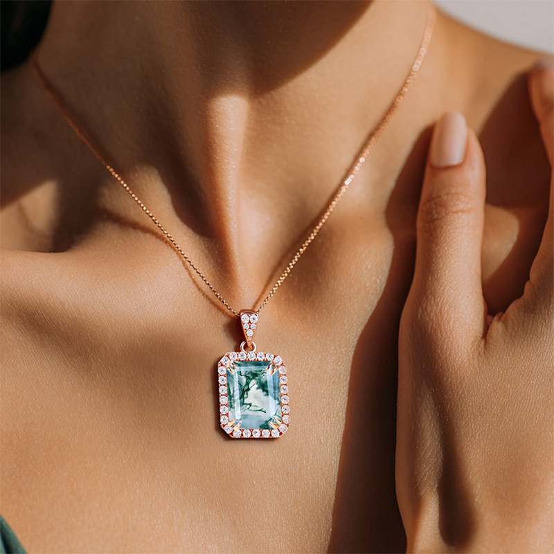 1.81CT Emerald Cut Moss Agate & Round Cut Moissanite S925 Silver Double Claw Setting Halo Pendant Necklace