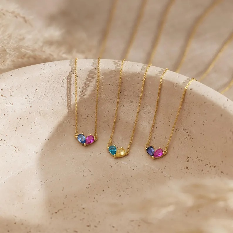 Personalized Two-color Pear Cut Birthstone Necklace