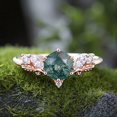1.125CT Round Cut Moss Agate &  Moissanite S925 Silver Engagement Ring