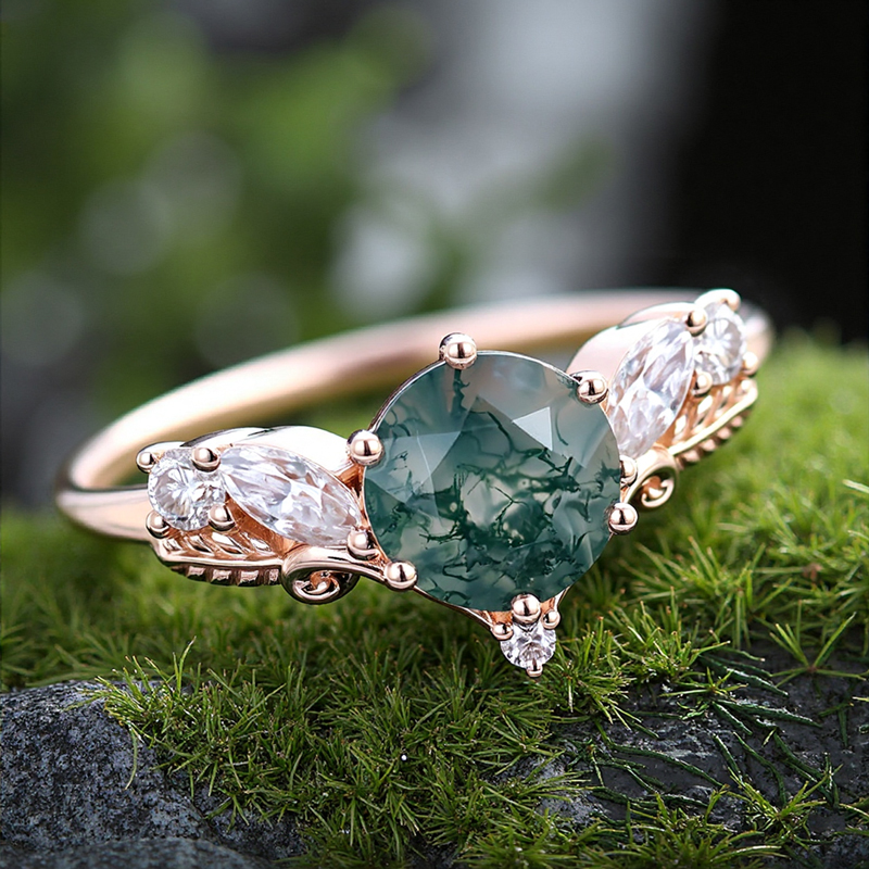 1.125CT Round Cut Moss Agate &  Moissanite S925 Silver V Shaped Engagement Ring