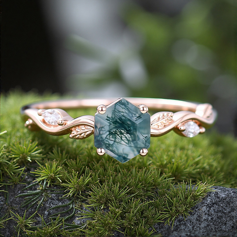 1.06CT Hexagon Moss Agate & Marquise Cut Moissanite S925 Silver Nature Inspired Promise Engagement Ring