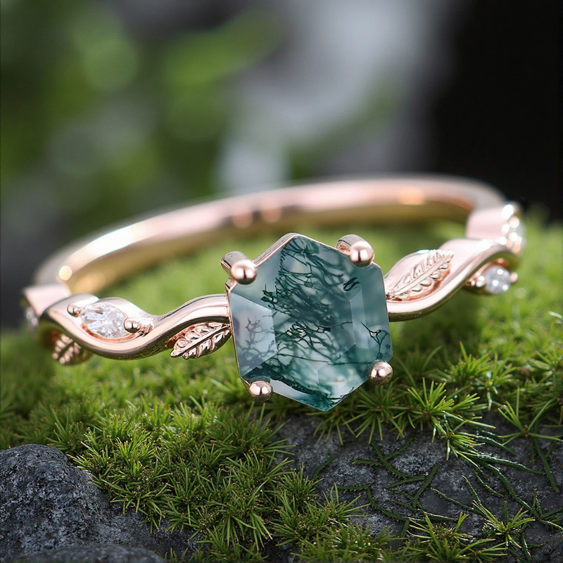 1.06CT Hexagon Moss Agate & Marquise Cut Moissanite S925 Silver Nature Inspired Promise Engagement Ring