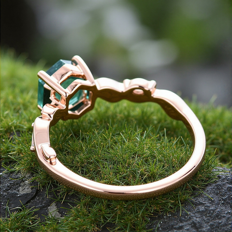 1.06CT Hexagon Moss Agate & Marquise Cut Moissanite S925 Silver Nature Inspired Promise Engagement Ring