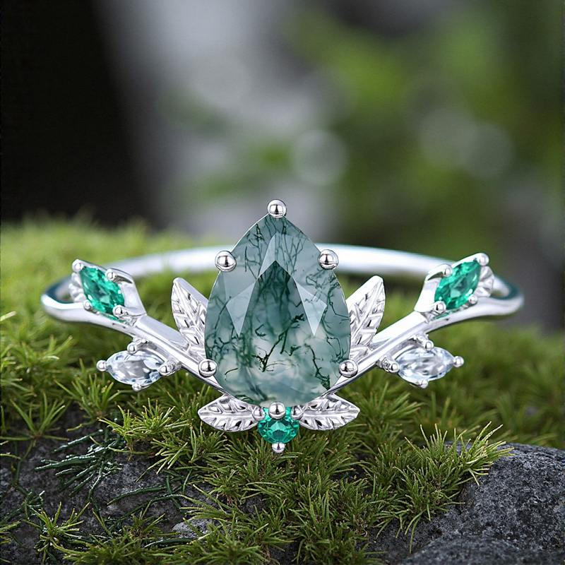 1.35CT Pear Cut Moss Agate & Marquise Cut Diamond S925 Silver Engagement Ring