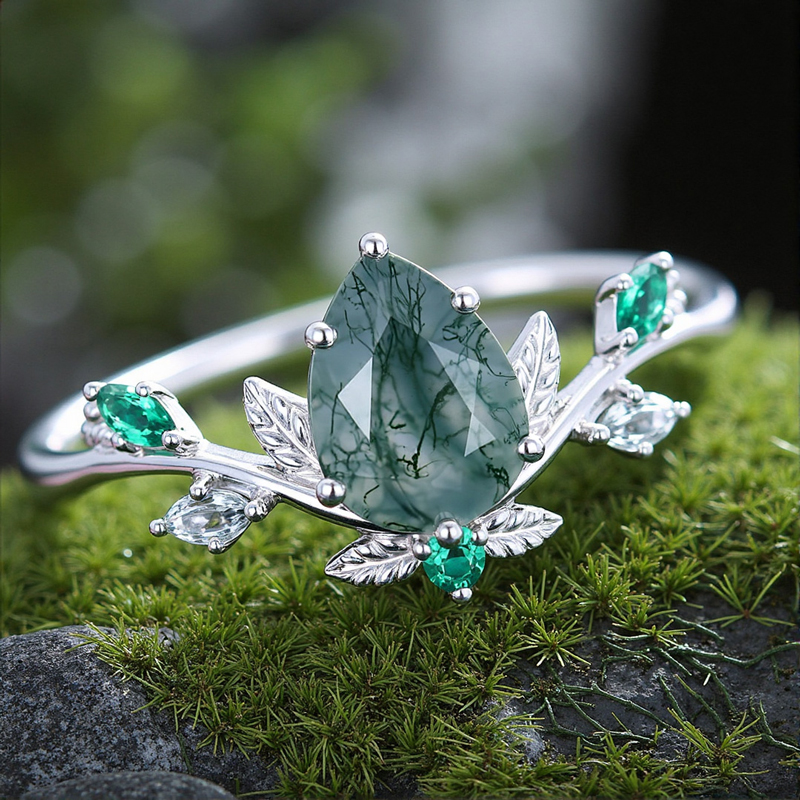 1.35CT Pear Cut Moss Agate & Marquise Cut Diamond S925 Silver Engagement Ring