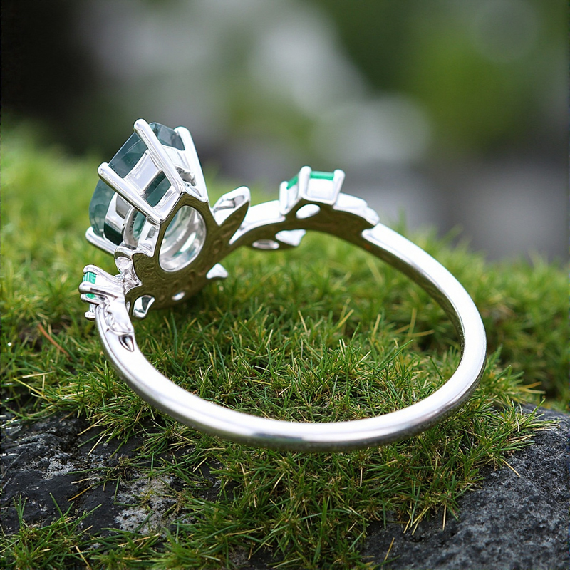 1.35CT Pear Cut Moss Agate & Marquise Cut Diamond S925 Silver Engagement Ring
