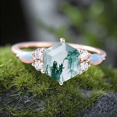 1.24CT Hexagon Moss Agate & Round Cut Moissanite S925 Silver Engagement Ring