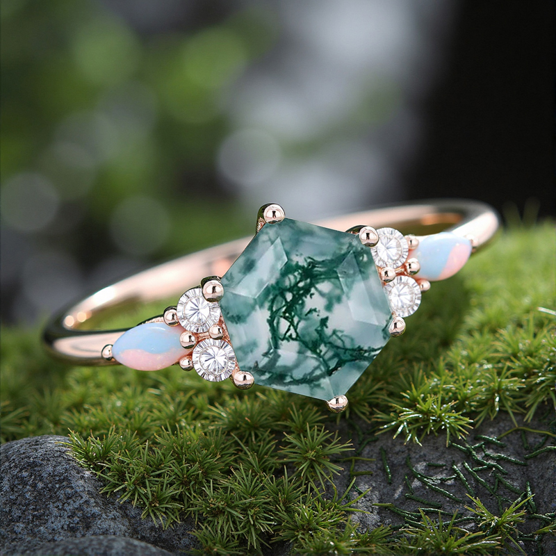1.24CT Hexagon Moss Agate & Round Cut Moissanite S925 Silver Engagement Ring