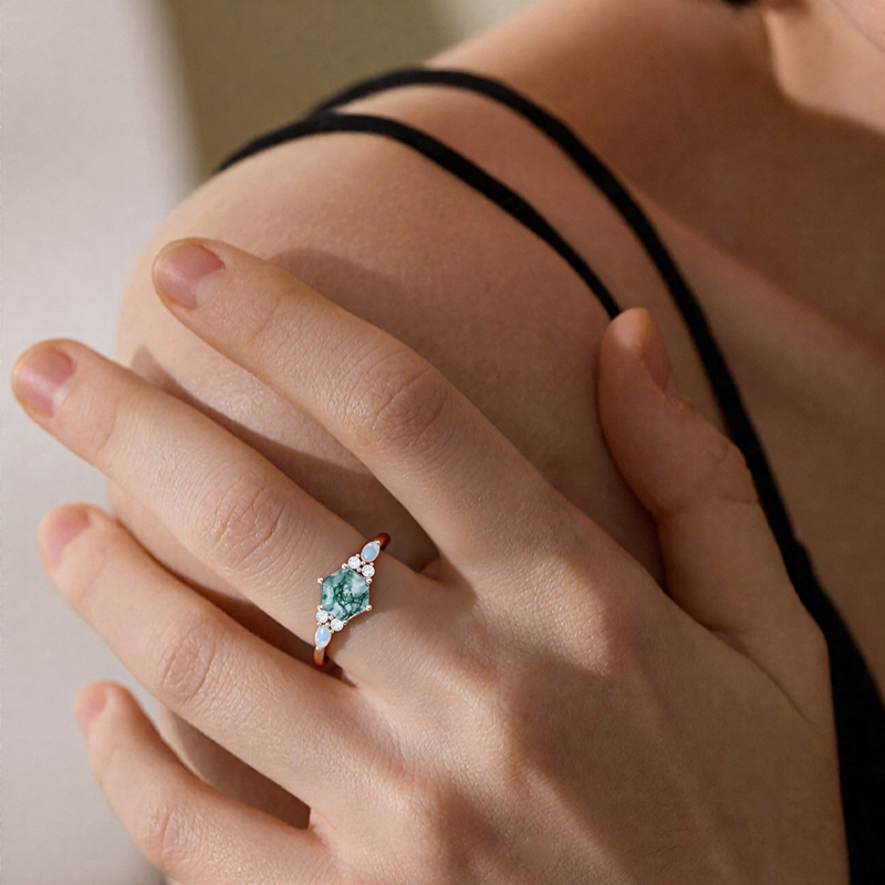 1.24CT Hexagon Moss Agate & Round Cut Moissanite S925 Silver Engagement Ring